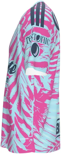 Camisa de goleiro do Club América 2026 - 2027 rosa e azul com pinceladas em leque, frente e costas