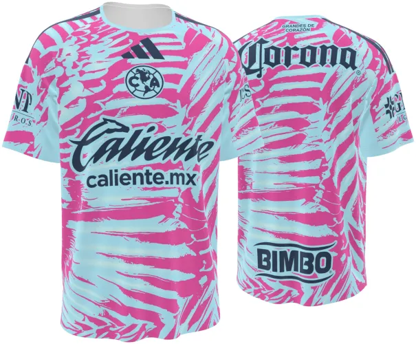 Camisa de goleiro do Club América 2026 - 2027 rosa e azul com pinceladas em leque, frente e costas