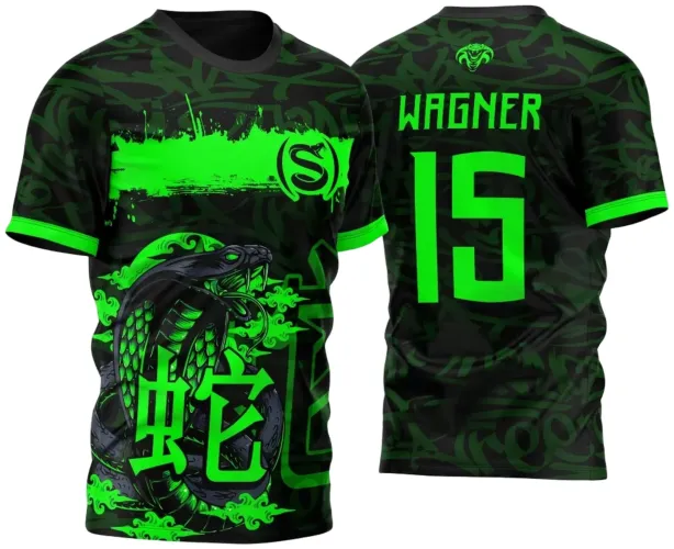 Camisa preta com arte de cobra oriental verde neon frontal, faixa verde com símbolo S, costas com nome WAGNER e número 15 em verde neon, detalhes gráficos abstratos e logotipo de cobra no topo das costas.