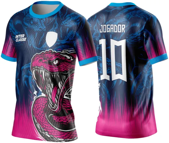 Camisa com frente em azul marinho com cobra rosa agressiva e escudo branco, texto INTER CLASSE, costas em azul marinho com degradê rosa, cobra azul sutil, texto JOGADOR e número 10 em branco.