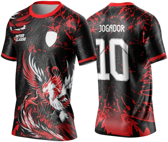 Camisa preta com ilustração frontal de uma fênix vermelha e branca, fundo com respingos vermelhos, escudo branco no peito e texto 'INTER CLASSE'. Nas costas, o número 10 em branco e o texto 'JOGADOR' na parte superior.