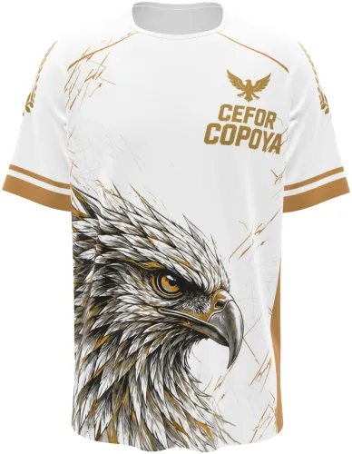 Camisa branca e dourada com estampa de águia dourada, vista frente e costas juntas