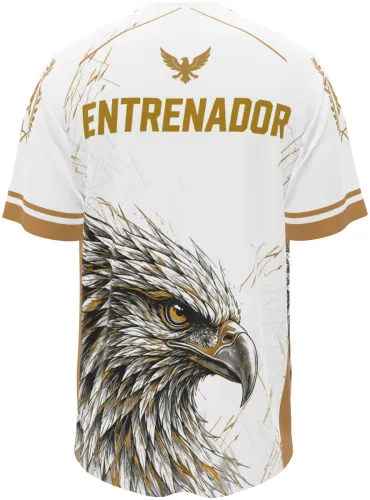 Camisa branca e dourada com estampa de águia dourada, vista frente e costas juntas