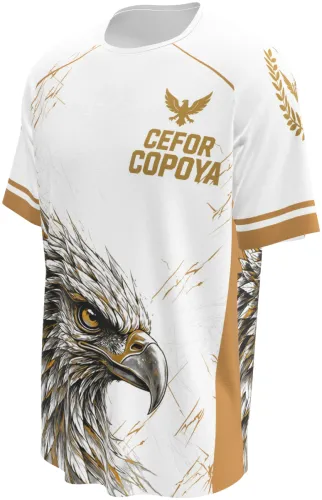 Camisa branca e dourada com estampa de águia dourada, vista frente e costas juntas