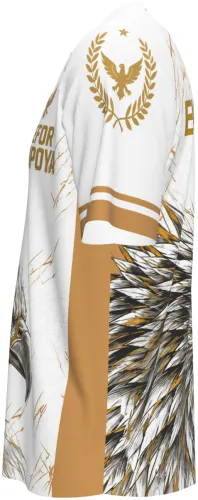 Camisa branca e dourada com estampa de águia dourada, vista frente e costas juntas