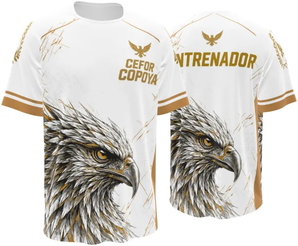 Camisa branca e dourada com estampa de águia dourada, vista frente e costas juntas