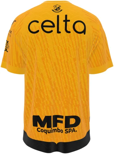 Camisa titular do Coquimbo Unido 2026 dividida na diagonal em amarelo e preto, frente e costas