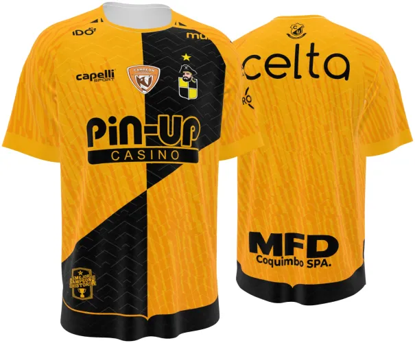Camisa titular do Coquimbo Unido 2026 dividida na diagonal em amarelo e preto, frente e costas