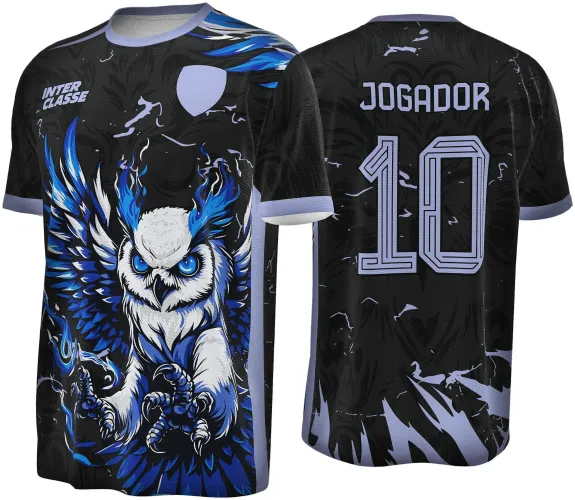 Camisa preta com arte frontal de coruja azul e branca com olhos intensos, texto INTER CLASSE e escudo lilás na frente, costas pretas com texto JOGADOR e número 10 em lilás estilizado.