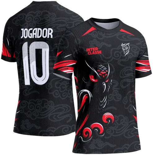 Camisa preta com arte de coruja estilizada com olhos vermelhos e 'INTER CLASSE' na frente, e nas costas o texto 'JOGADOR' em branco com o número 10 grande.