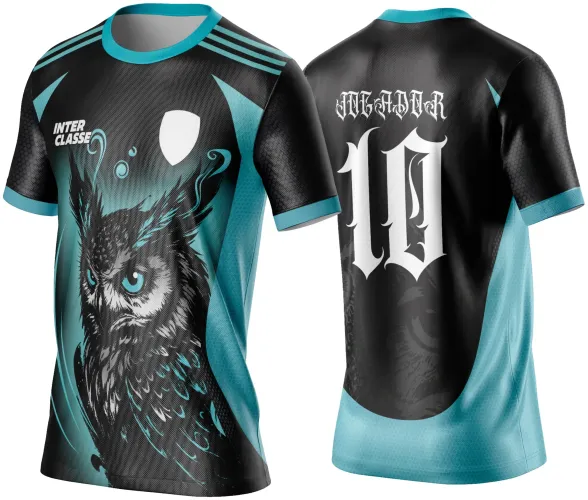 Camisa preta com azul piscina mostrando uma coruja frontal na frente com textos INTER CLASSE e escudo branco; costas pretas com número 10 branco estilo gótico e texto JOGADOR.