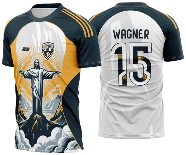 Camisa preta e amarela com figura frontal do Cristo Redentor estilizado em tons cinza e amarelo, com escudo 'SEU ESCUDO'; costas brancas com nome WAGNER e número 15 em preto com detalhes amarelos.