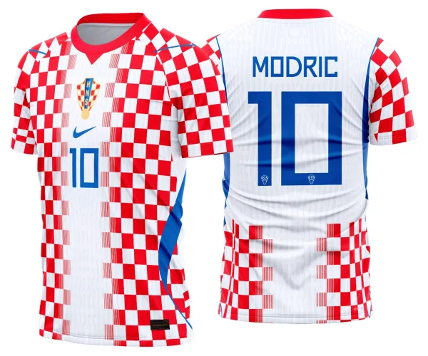 Visual da camisa Croácia com logo no peito e uma estampa grande nas costas que destaca detalhes marcantes nas cores tradicionais do time