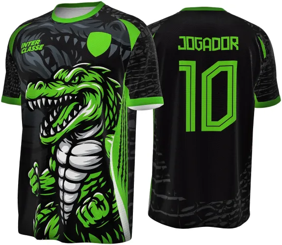 Camisa preta com gola e detalhes verdes, frente com mascote de crocodilo verde imponente e textos INTER CLASSE e escudo; costas com número 10 e palavra JOGADOR em verde, fundo texturizado de pele de crocodilo.
