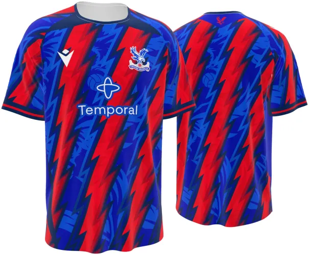 Camisa terceiro uniforme do Crystal Palace 2026 - 2027 com relâmpagos vermelhos e azuis, frente e costas