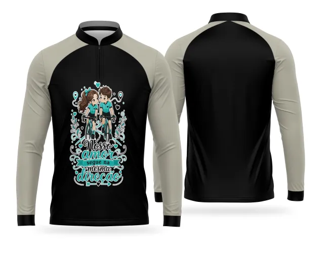 Camisa de bike com estampa de casal no pedal e mensagem romântica
