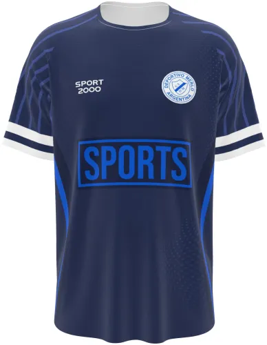 Mockup da camisa Deportivo Merlo 2026 azul marinho, frente e costas juntas