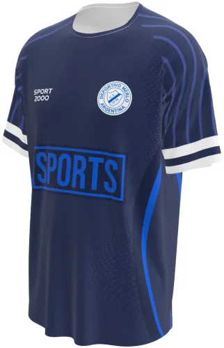 Mockup da camisa Deportivo Merlo 2026 azul marinho, frente e costas juntas