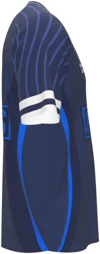 Mockup da camisa Deportivo Merlo 2026 azul marinho, frente e costas juntas