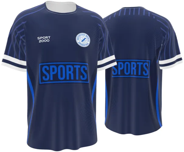Mockup da camisa Deportivo Merlo 2026 azul marinho, frente e costas juntas