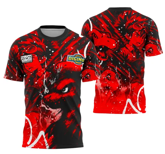 Camisa vermelha e preta com arte destacando personagens Digimon na frente e costas, inclui texto JOGADOR, INTERCLASSE e TERCEIRÃO, fundo vibrante em degradê e detalhes gráficos dinamizados.
