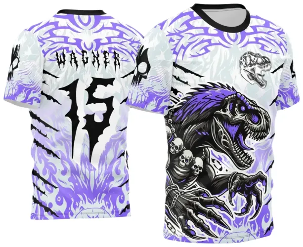 Camisa com estampa frontal de um dinossauro T-Rex roxo e preto em pose agressiva, com correntes de caveiras, fundo branco com detalhes lilás e tatuagens tribais roxas; costas exibem número 15 e texto 'VIKING' em preto, mangas com caveira estilizada preta.