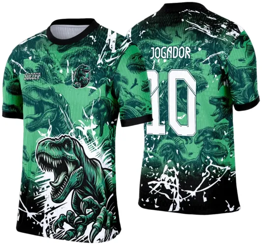 Camisa verde com grande dinossauro T-Rex na frente e estampa de dinossauros nas costas, número 10 branco e texto JOGADOR, SOCCER na frente, gola e mangas pretas com detalhes brancos.
