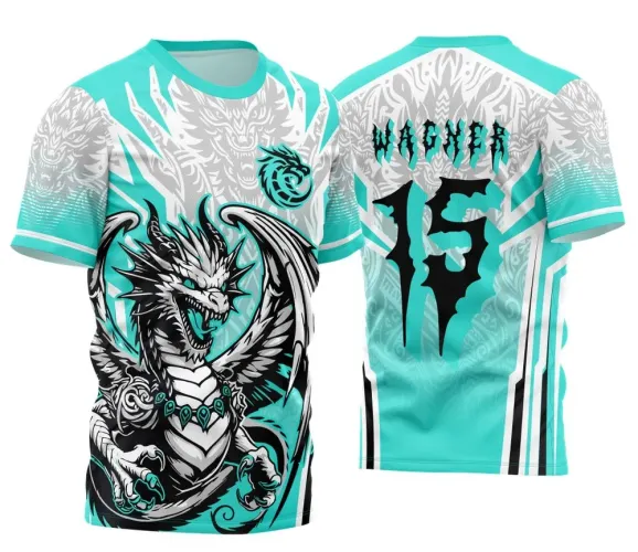 Camisa com dragão alado preto e branco na frente sobre fundo branco e azul turquesa, costas com número 15 preto e texto INTER CLASSE, detalhes gráficos e mascote dragão pequeno no peito esquerdo.
