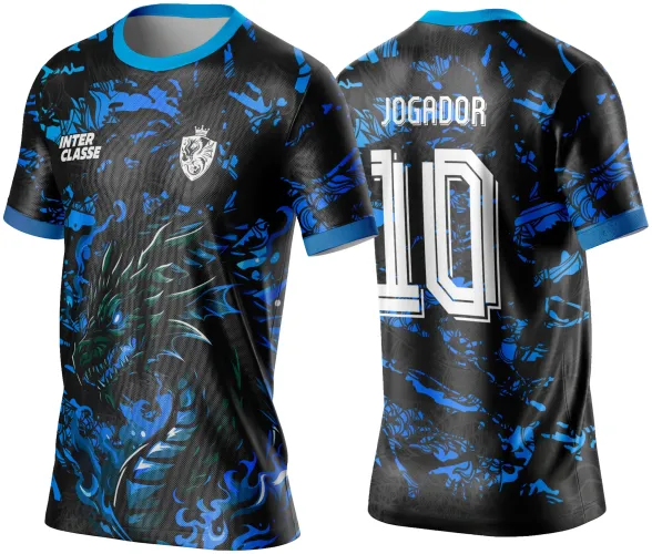 Camisa preta com degradê azul e dragão azul agressivo na frente, texto INTER CLASSE e escudo com dragão no peito. Nas costas, número 10 grande branco com texto JOGADOR acima, gola e mangas azuis.