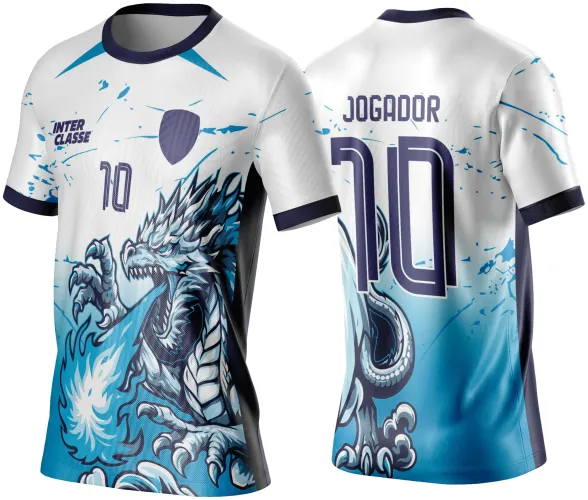 Camisa branca com gola e mangas azul marinho, dragão branco e azul cuspindo fogo na frente, textos Inter Classe e número 10, costas com garra do dragão, número 10 e texto JOGADOR em azul escuro