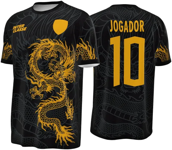 Camisa preta com grande dragão dourado à frente, texto Inter Classe amarelo e escudo amarelo no peito. Nas costas, número 10 e nome Jogador em amarelo sobre fundo preto com padrão de dragão cinza escuro.