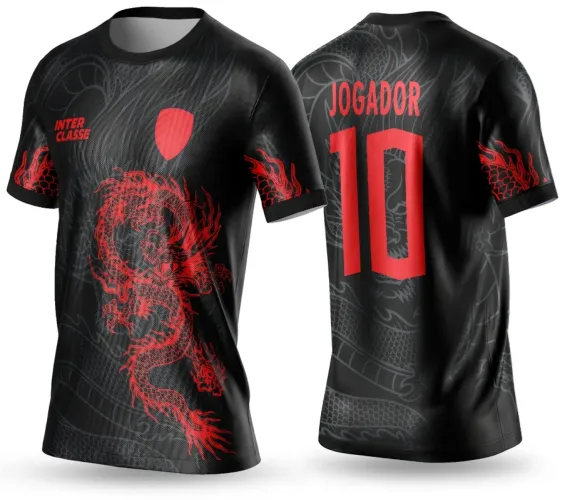 Camisa preta com dragão chinês vermelho estampado à frente, escudo vermelho, texto INTER CLASSE no peito; nas costas dragão cinza em fundo escuro, número 10 e JOGADOR em vermelho destacando a estampa.