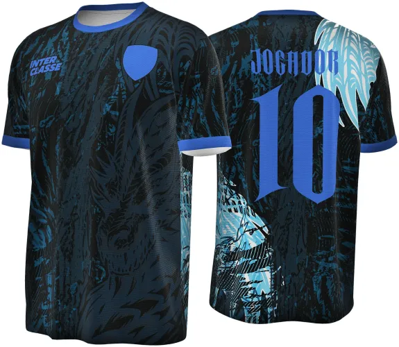 Camisa esportiva preta com estampa de dragão de gelo azul claro na frente e costas. Frente tem escudo azul e texto INTER CLASSE, costas exibem nome JOGADOR e número 10 em azul, gola e mangas também são azuis.