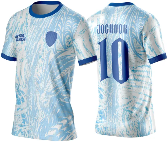 Camisa com dragão de gelo azul claro e branco na frente, escudo azul no peito e texto 'INTER CLASSE'. Nas costas, número 10 azul escuro com texto 'JOGADOR' acima, gola e punhos azuis.