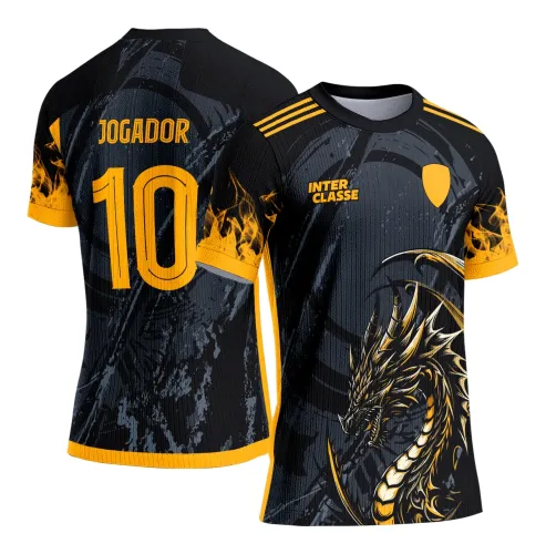 Camisa preta com dragão dourado frontal, detalhes em laranja e chamas nas mangas, texto INTER CLASSE no peito, costas com nome JOGADOR e número 10 em dourado.