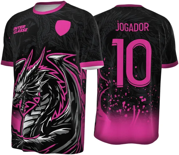Camisa preta com dragão branco, preto e rosa na frente, gola e punhos em rosa, texto INTER CLASSE rosa; nas costas nome JOGADOR e número 10 em rosa com fundo degradê rosa na parte inferior.