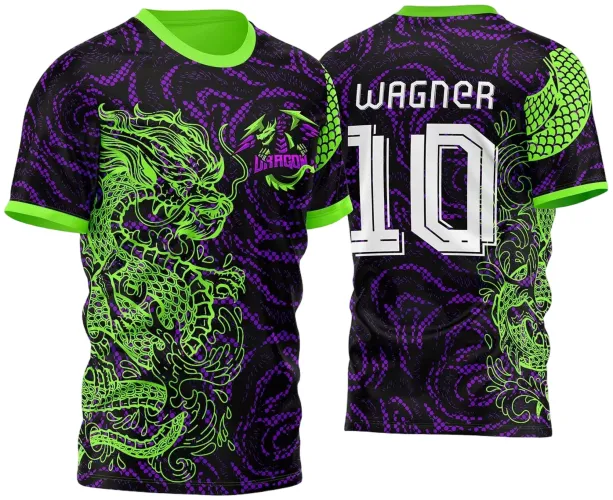 Camisa preta com estampa de dragão verde neon na frente, detalhes em roxo. Na parte de trás, nome WAGNER, número 10 em branco e o rastro da cauda do dragão. Gola e punhos também verdes neon, texto INTER CLASSE TERCEIRÃO nas costas.