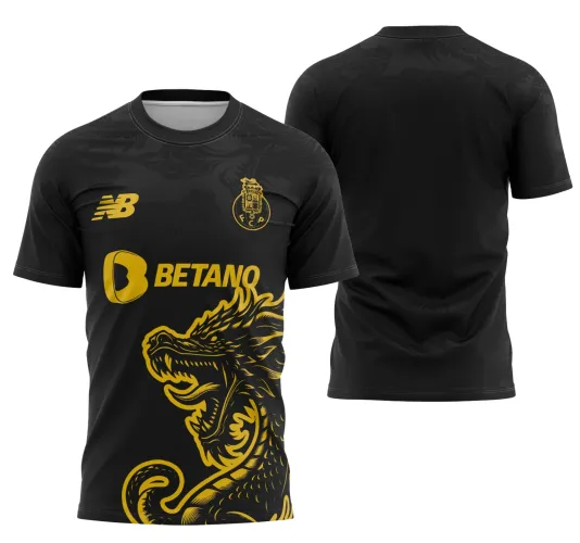 Camisa preta com dragão oriental dourado em destaque na frente, logos NB e BETANO amarelos, escudo FCP dourado, fundo preto com dragão em baixo-relevo nas costas.