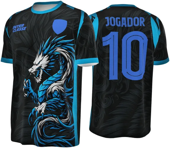Camisa preta com dragão oriental azul e branco na frente, texto INTER CLASSE azul e escudo azul. Nas costas, nome JOGADOR e número 10 em azul, com mangas e laterais destacadas em azul.