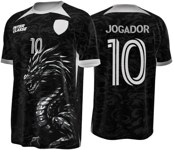 Camisa preta com gola e mangas brancas, frente com dragão oriental branco e cinza, número 10 branco, texto INTER CLASSE e escudo branco; costas com padrão dragão sombreado, texto JOGADOR e número 10 em branco.
