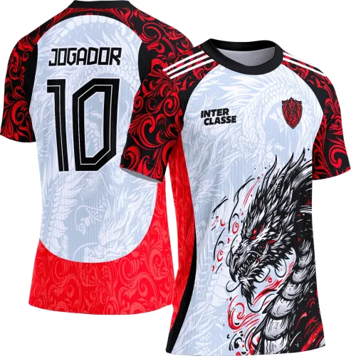 Camisa com frente branca e dragão preto de olhos vermelhos à direita, mangas e barras vermelhas com ornamentos, escudo com dragão na direita do peito, texto INTER CLASSE à esquerda; costas com texto JOGADOR e número 10, fundo branco central e vermelho nas laterais