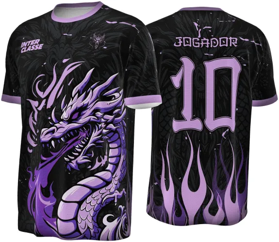 Camisa preta com gola e punhos lilás, dragão roxo detalhado na frente soltando chamas, texto INTER CLASSE no ombro esquerdo, costas com grande número 10 e JOGADOR em lilás com chamas lilás no fundo.