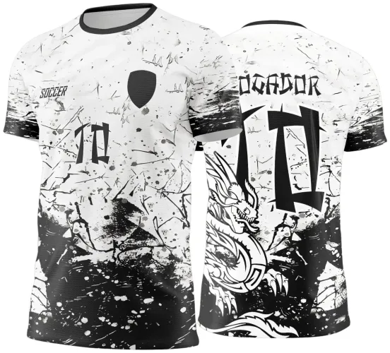 Camisa com fundo branco manchado em preto, número 10 e texto SOCCER na frente, gola preta; costas exibem dragão branco estilizado, número 10 grande e texto JOGADOR em preto.