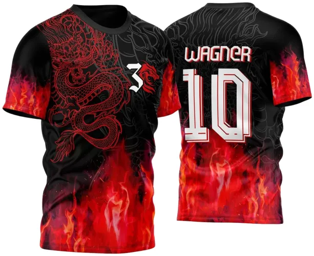 Camisa preta com arte frontal de dragão vermelho detalhado e chamas vermelhas na base. Número 3 branco e pequeno desenho de cabeça de dragão. Nas costas número 10 e nome WAGNER em branco com sombras vermelhas. Manga com efeito de fogo.