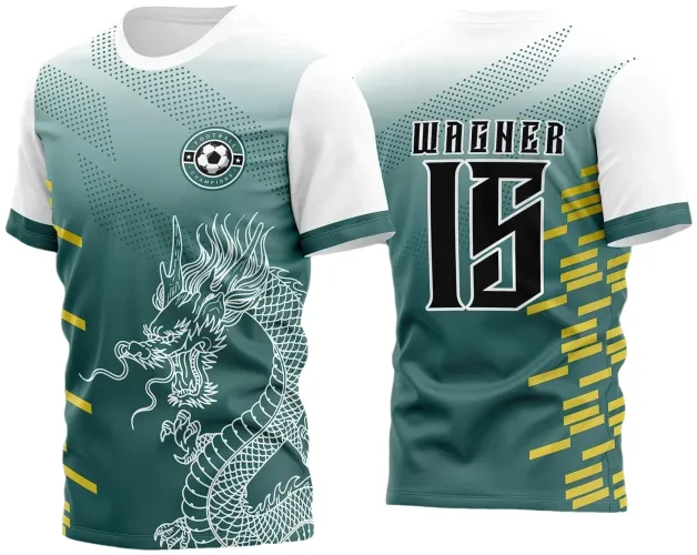 Camisa com degradê verde e dragão branco na frente, detalhes amarelos nas laterais e mangas brancas. Costas com nome WAGNER e número 15 em preto, fundo verde com padrão de bolinhas. Estilo moderno e vibrante.