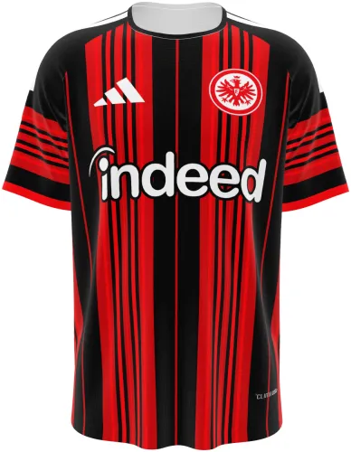 Camisa titular do Eintracht Frankfurt 2026 - 2027 listrada de vermelho e preto, frente e costas