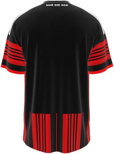 Camisa titular do Eintracht Frankfurt 2026 - 2027 listrada de vermelho e preto, frente e costas