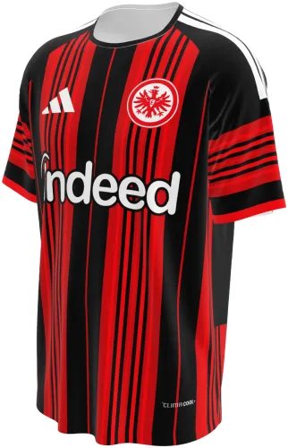 Camisa titular do Eintracht Frankfurt 2026 - 2027 listrada de vermelho e preto, frente e costas