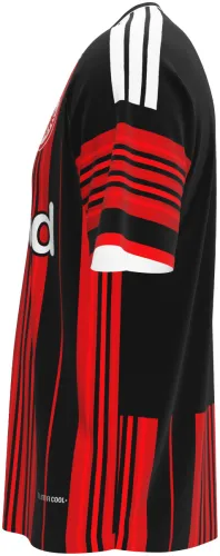 Camisa titular do Eintracht Frankfurt 2026 - 2027 listrada de vermelho e preto, frente e costas