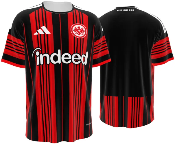 Camisa titular do Eintracht Frankfurt 2026 - 2027 listrada de vermelho e preto, frente e costas